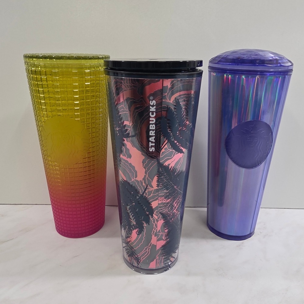 Starbucks Cold Cup Tumbler 24 oz Set of 3 Tropical Vaporwave Iridescent Tropical